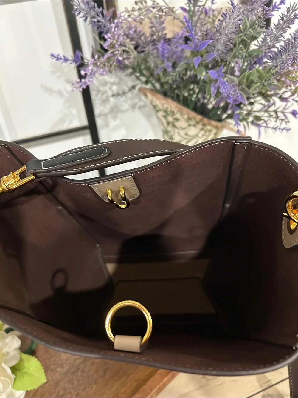 Taupe Leather Shoulder Tote with Dark Brown Strap